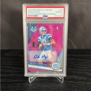 Drake Maye 2023 Bowman Chrome Rookie Auto 58/150 Fuchsia Mini Diamonds PSA 10